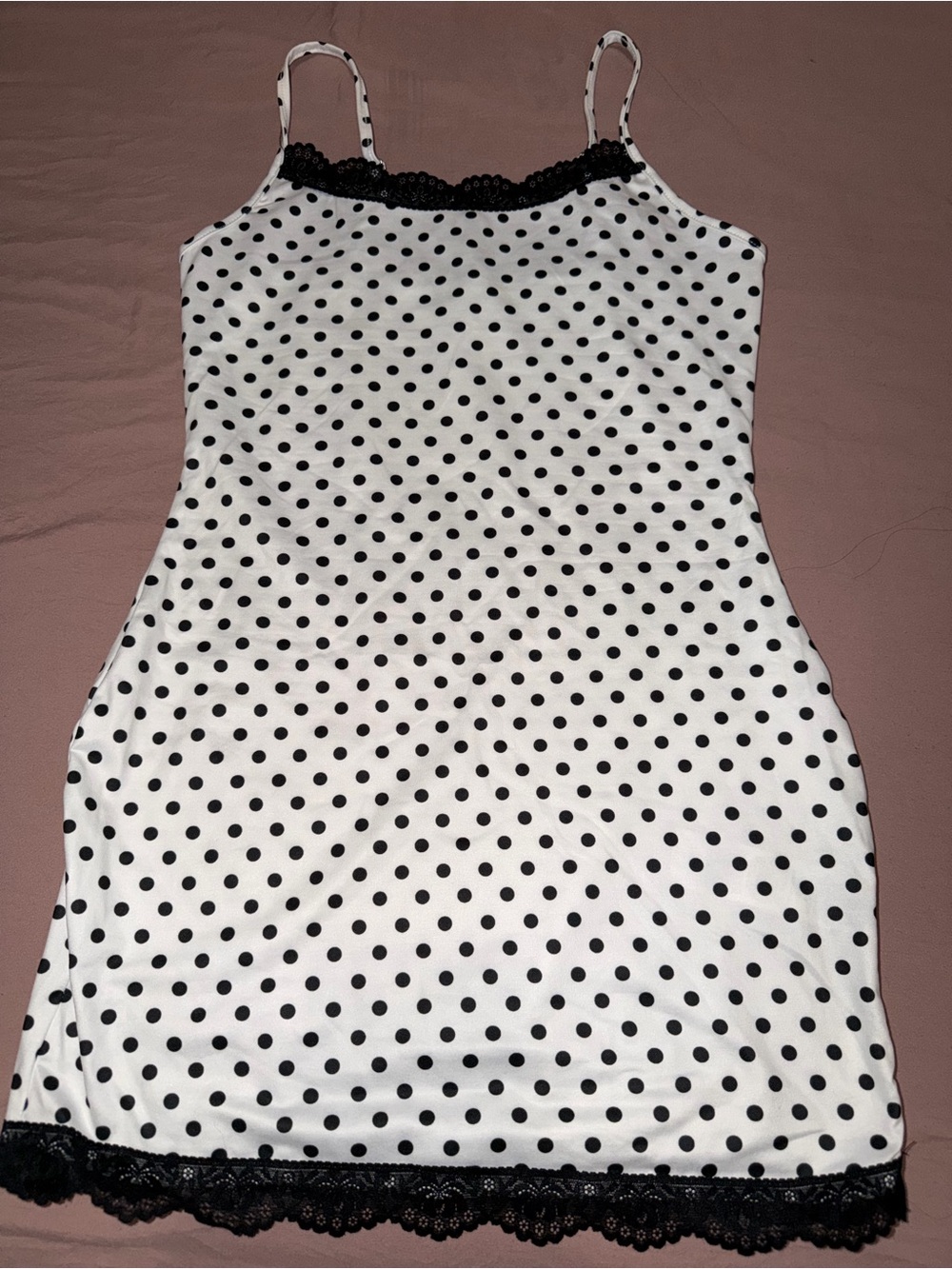 Women’s White Polka Dot Slip Dress with Black Lace Trim